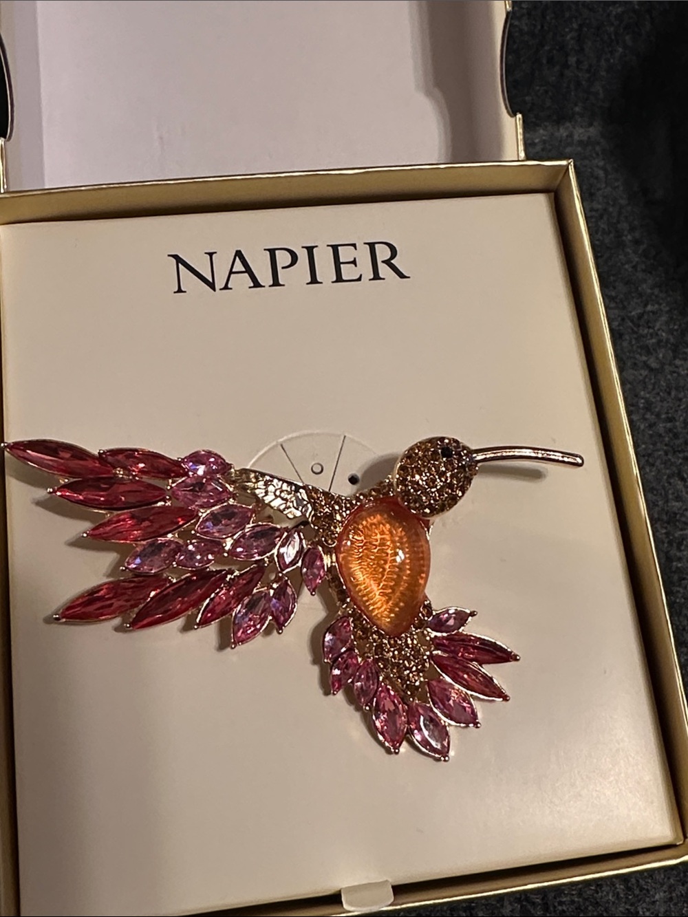Napier Pink and Orange Hummingbird Crystal Brooch Pin